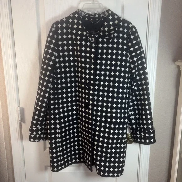 Talbots Women's Coat 14 EUC Navy Circle Print 40s Style Mid-Length Button-Up Lin - Picture 1 of 10